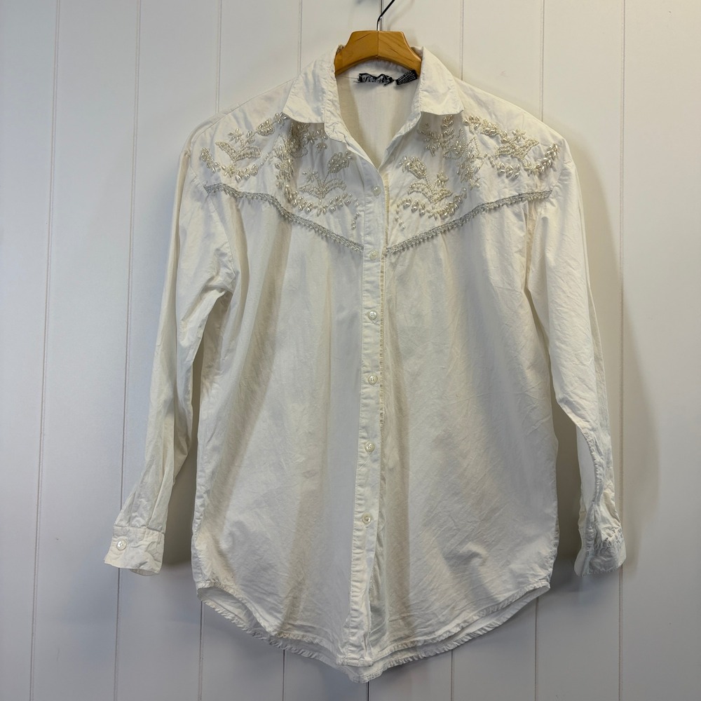 Vintage Retro Western Beaded Button Up Top Womens Size L Cowgirl Rodeo Classic